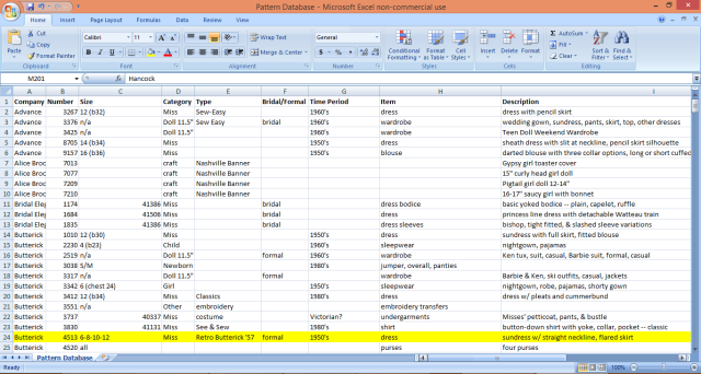 Screenshot of Excel sewing pattern database.